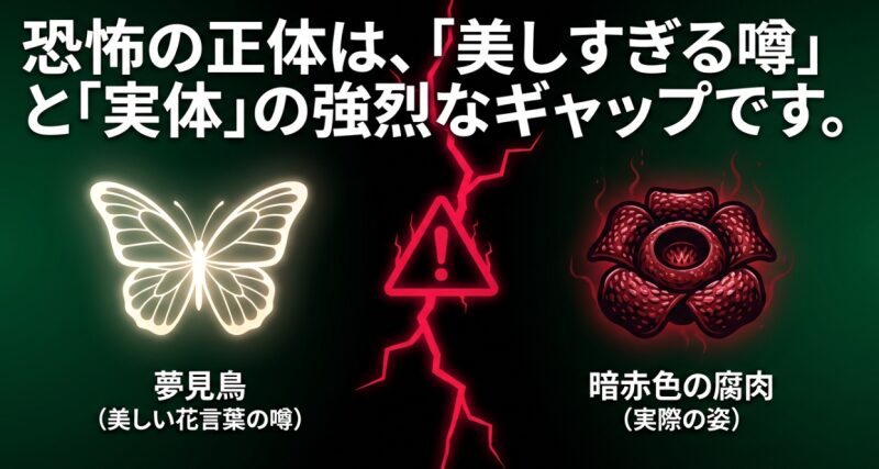 夢見鳥という美しい噂と、暗赤色の腐肉という実際の姿の強烈なギャップが恐怖の正体であることを解説する図解