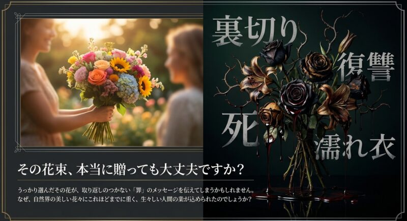 笑顔で花束を渡す女性たちのシルエットと、「その花束、本当に贈っても大丈夫ですか？」という警告メッセージ