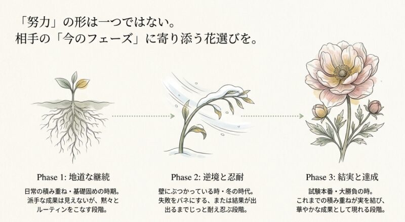努力の段階をPhase1「地道な継続」、Phase2「逆境と忍耐」、Phase3「結実と達成」の3つに分けた植物の成長図解