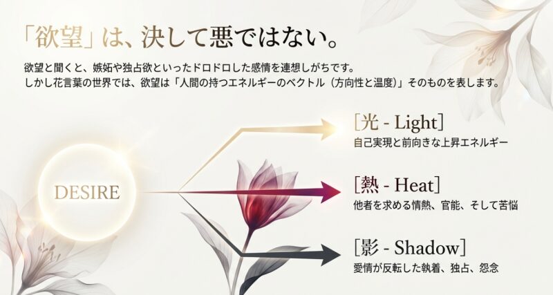 欲望の花言葉は人間のエネルギーのベクトル。光(自己実現)、熱(情熱)、影(執着)の3つの方向性