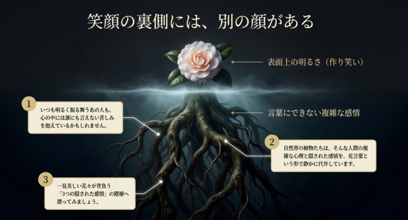 笑顔の裏側には別の顔があることを示す図解。表面上の明るさと隠された複雑な感情の階層構造