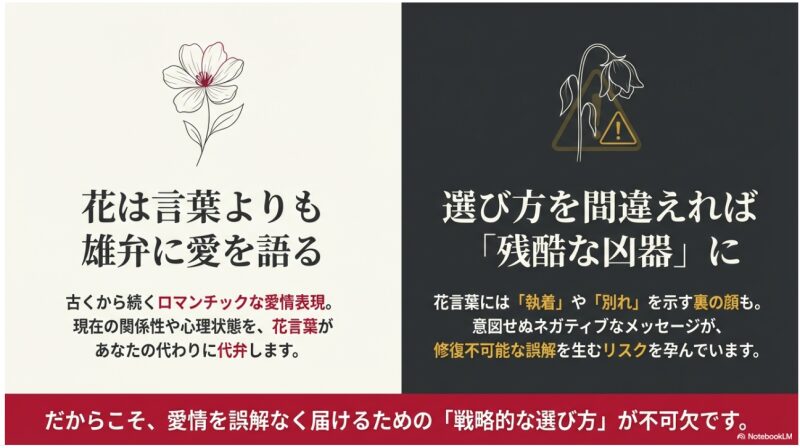 美しい花と、枯れた花に警告マークが重なるイラスト。「花は言葉よりも雄弁に愛を語る」一方で、「選び方を間違えれば残酷な凶器に」なるリスクを解説したスライド