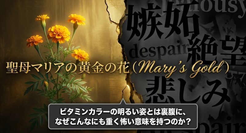 「ビタミンカラーの明るい姿とは裏腹に、なぜこんなにも重く怖い意味を持つのか？」という疑問と、嫉妬や悲しみなどのネガティブな英単語の図解