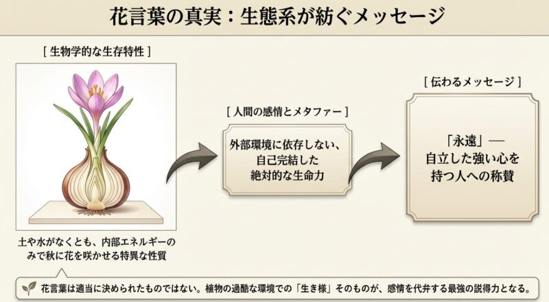 花言葉の真実を図解したスライド。花言葉は適当に決められたものではなく、土や水がなくとも内部エネルギーのみで開花するような「自己完結した絶対的な生命力」といった生態系の生き様が、永遠などの感情を代弁するメッセージになる仕組みを解説。