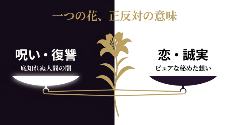 クロユリの一つの花が持つ正反対の意味。呪い・復讐（底知れぬ人間の闇）と恋・誠実（ピュアな秘めた想い）