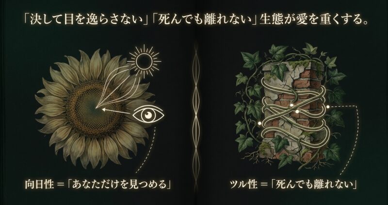 決して目を逸らさないヒマワリの向日性と、死んでも離れないアイビーのツル性が愛を重くすることを示す図解