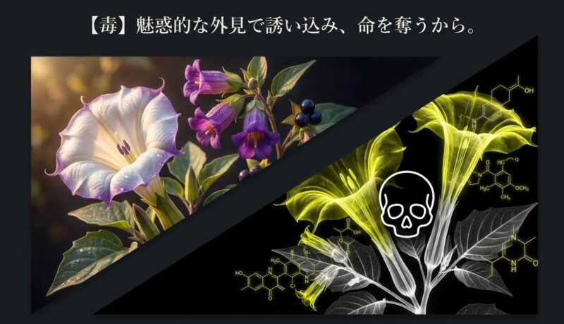 美しい紫色のダチュラの花と、その有毒性を示すドクロマークや化学構造式のイメージ画像。