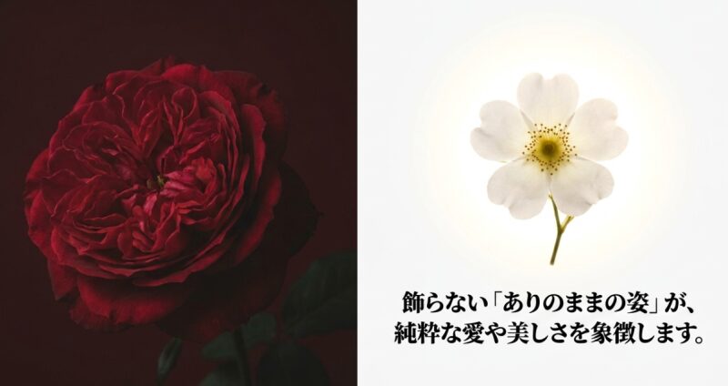 飾らないありのままの姿が純粋な愛や美しさを象徴するという、野薔薇のポジティブな花言葉の由来解説。