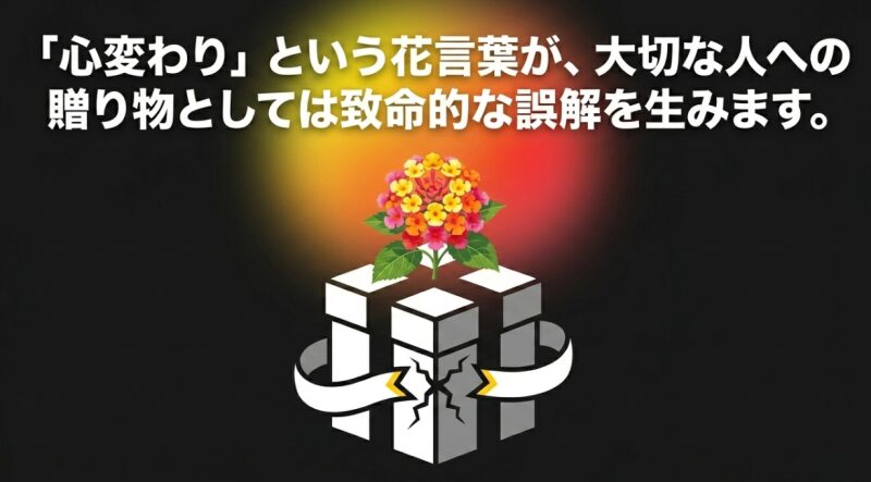 プレゼントの箱を突き破って咲くランタナのイラストと、「心変わり」という花言葉が致命的な誤解を生むという警告