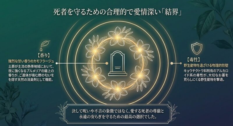 プルメリアの香りと毒性が、お墓を野生動物から守り死者を慰める合理的で愛情深い結界として機能したことを説明する図