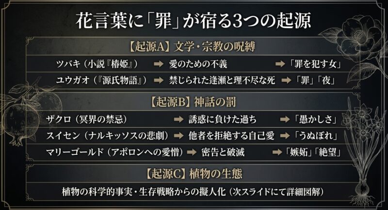 花言葉に罪の意味が込められた3つの起源（文学・宗教、神話の罰、植物の生態）を解説した図解