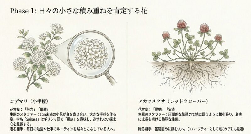 日々の小さな積み重ねを肯定する花として、コデマリの密集した小花とアカツメクサの力強い根を描いたイラスト 。
