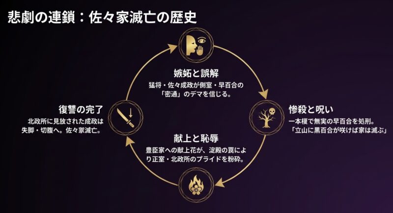 悲劇の連鎖と佐々家滅亡の歴史を示す図。嫉妬と誤解から始まり、惨殺と呪い、献上と恥辱を経て、復讐が完了するまでのサイクル。