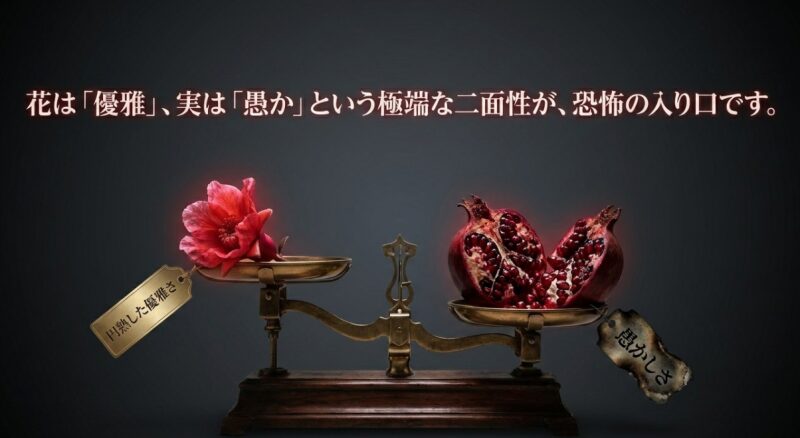 天秤に「円熟した優雅さ」のタグが付いたザクロの花と、「愚かしさ」のタグが付いたザクロの実が乗せられており、極端な二面性が恐怖の入り口であることを説明する画像