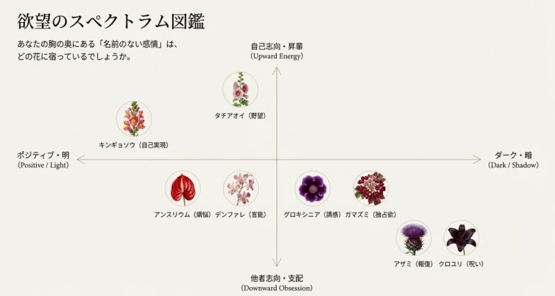 欲望のスペクトラム図鑑。キンギョソウ、タチアオイ、アンスリウムなど7つの花を自己志向・他者志向とポジティブ・ダークで分類した図