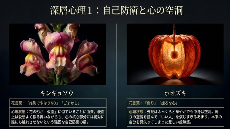 深層心理1：自己防衛と心の空洞をテーマにした、キンギョソウの花言葉（ごまかし）とホオズキの花言葉（虚ろな心）の解説スライド