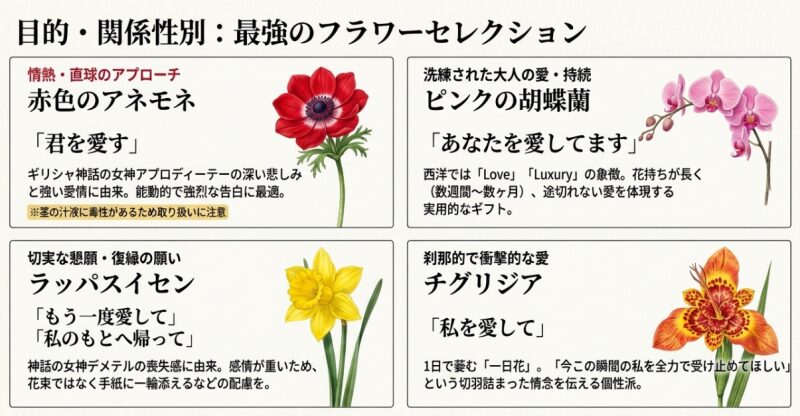 赤色のアネモネとチグリジアのイラスト。「情熱・直球」のアネモネ、「切実な懇願」のラッパスイセン、「洗練された大人の愛」の胡蝶蘭、「刹那的で衝撃的な愛」のチグリジアなど、目的別に適した花をまとめたスライド