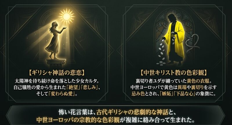 太陽神を待ち続けた少女カルタの悲恋と、裏切り者ユダが纏っていた黄色い衣服など、怖い花言葉の由来となった2つの歴史的背景の解説