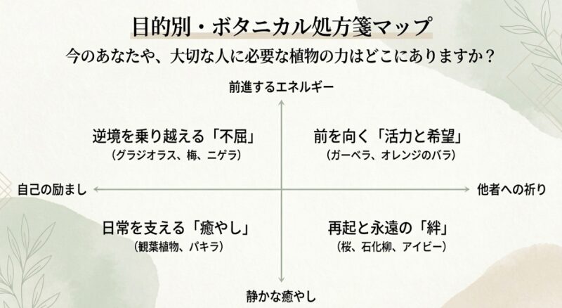 逆境、活力、癒やし、再起など目的別のボタニカル処方箋マップ