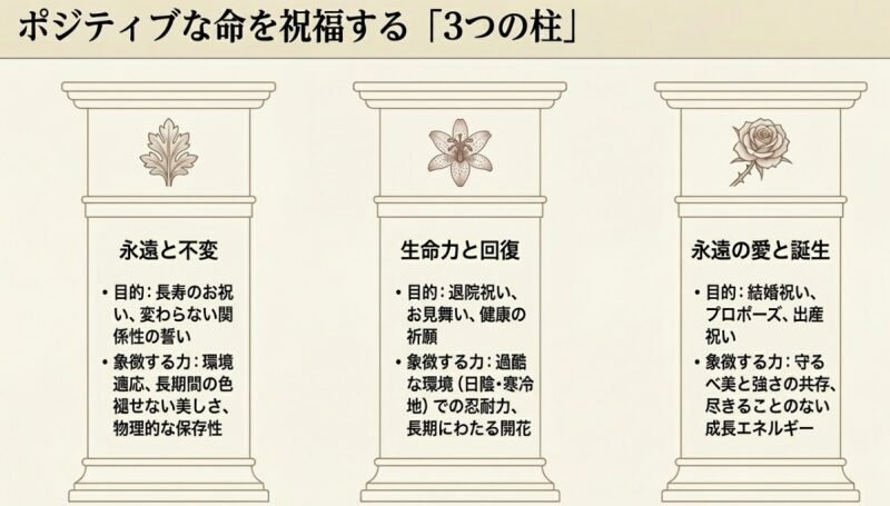 ポジティブな命を祝福する「永遠と不変」「生命力と回復」「永遠の愛と誕生」の3つの柱と、それぞれの目的や象徴する力を解説したギリシャ建築の柱の図解。