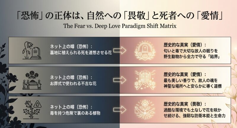 プルメリアに対するネット上の怖い噂が、実は死者への愛情や自然への畏敬の念から来ている歴史的真実であることを比較したマトリクス図