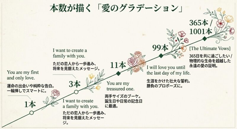 1本、3本、11本、99本、365本・1001本など、ひまわりを贈る本数によって変化する英語のメッセージと愛のグラデーションをまとめたスライド