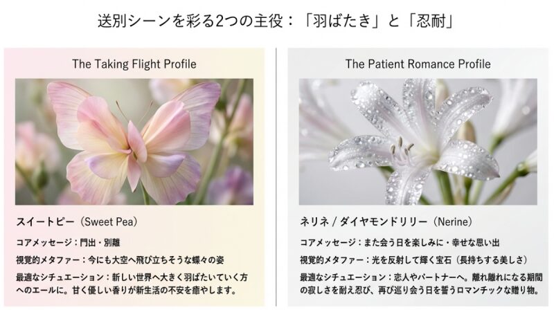 蝶のように羽ばたくスイートピーと、宝石のように輝くネリネの比較写真と、それぞれの花言葉のコアメッセージ
