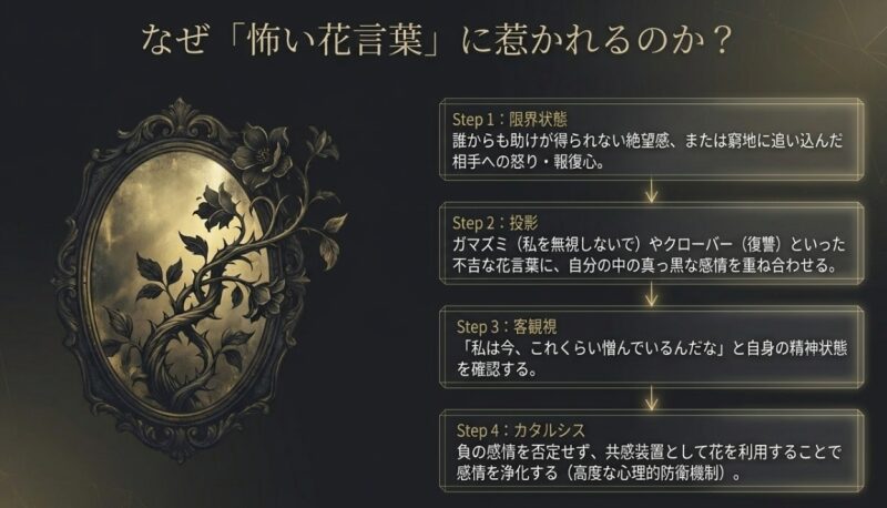 限界状態からカタルシス（感情の浄化）に至るまでの心理的防衛機制の4つのステップと、鏡に映る棘の生えた花のイラスト