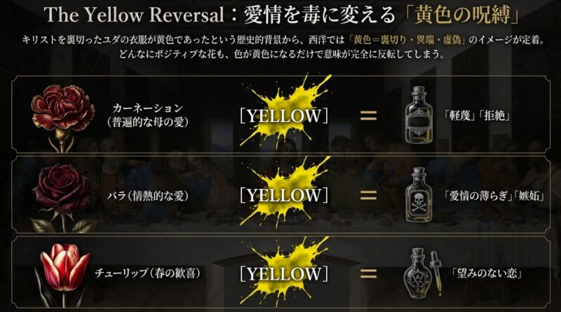 西洋において黄色が裏切りや虚偽を意味し、カーネーションやバラ、チューリップの花言葉がネガティブに反転する「黄色の呪縛」の解説