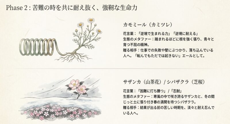 苦難の時を共に耐え抜く花として、雪や寒風に耐える植物の強靭な生命力を描いたイラスト 。