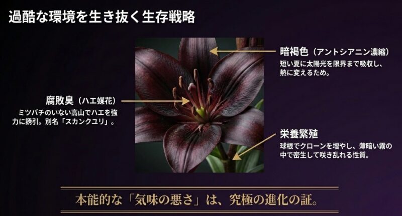 過酷な環境を生き抜くクロユリの生存戦略。暗褐色（アントシアニン濃縮）、腐敗臭（ハエ媒花）、栄養繁殖の3つの特徴。