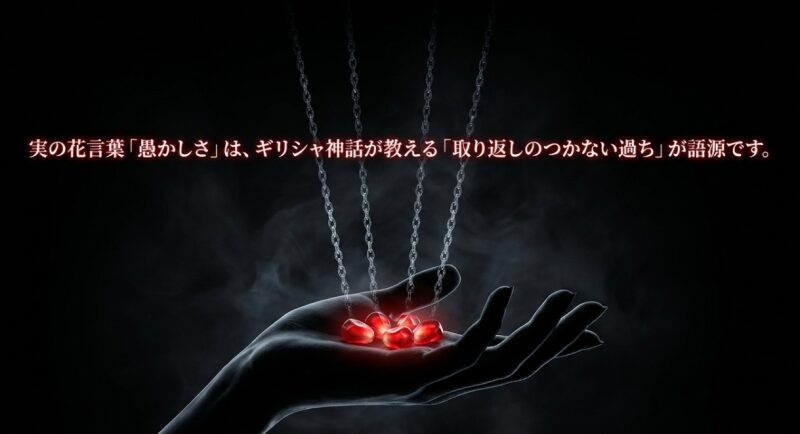 実の花言葉「愚かしさ」は、ギリシャ神話が教える「取り返しのつかない過ち」が語源であることを説明する画像
