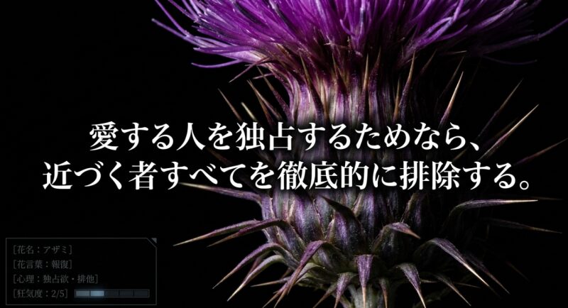 アザミの花言葉「報復」。狂気度2/5、心理状態は独占欲と排他。愛する人を独占するためなら、近づく者すべてを徹底的に排除する。