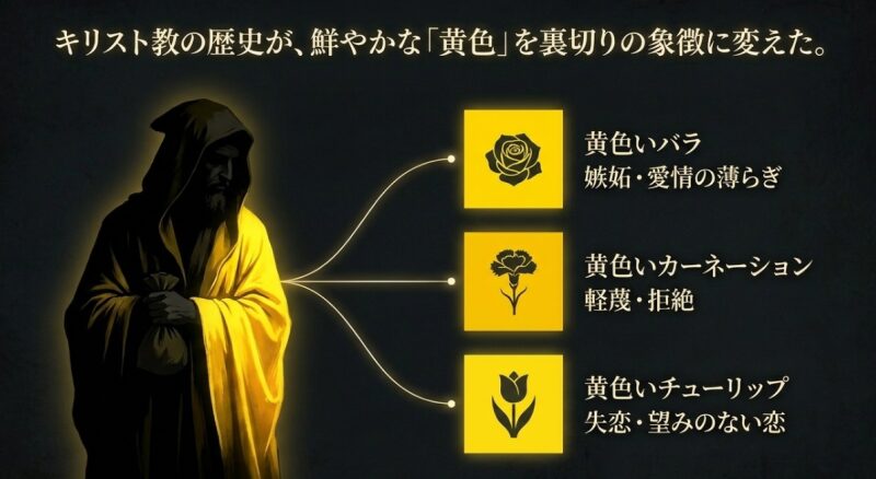 キリスト教の歴史により裏切りの象徴となった黄色いバラ、黄色いカーネーション、黄色いチューリップの怖い花言葉一覧