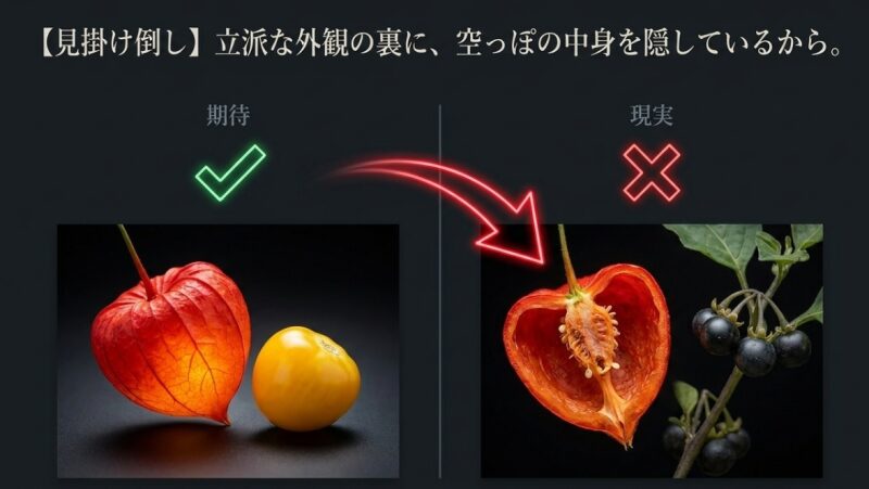 ホオズキの立派な外観に対する期待と、中身が空っぽである現実のギャップを比較した画像。