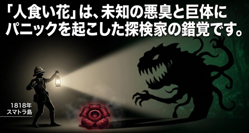 人食い花伝説は、1818年のスマトラ島探検において未知の悪臭と巨体にパニックを起こした探検家の錯覚であることを示す歴史スライド