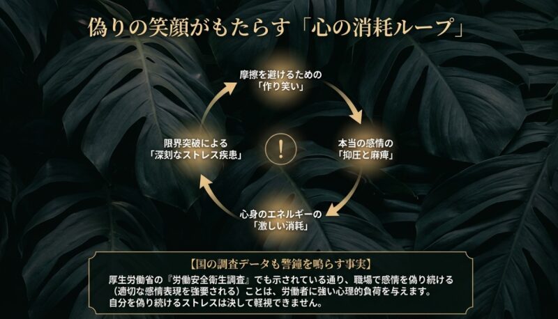 摩擦を避ける作り笑いが感情の抑圧と麻痺を引き起こし、深刻なストレス疾患に繋がる「心の消耗ループ」を示す図解