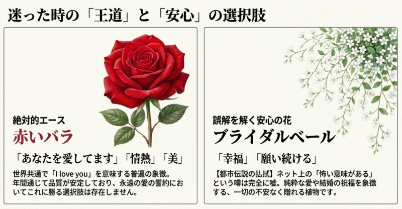 赤いバラのイラスト。絶対的エースである赤いバラと、都市伝説を払拭する安心の花・ブライダルベールを紹介するスライド