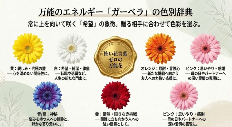 怖い花言葉ゼロの万能花、ガーベラの色別辞典（黄、白、オレンジ、ピンク、赤、青・紫）