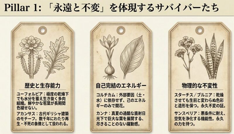 ユーフォルビア、スターチス、サンスベリアなど「永遠と不変」を体現する植物のサバイバル能力や物理的な不変性を解説した、アンティーク風の植物イラスト図解。