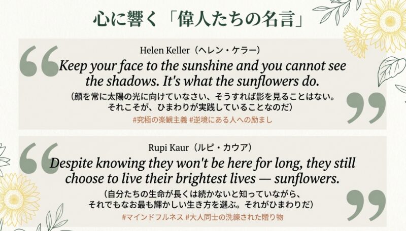 ヘレン・ケラーの究極の楽観主義と、ルピ・カウアが残したマインドフルネスなひまわりにまつわる英語の名言を紹介するスライド