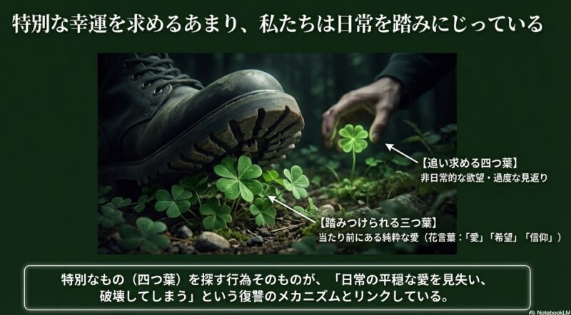 四つ葉のクローバーをプレゼントとして贈る際の安全性と現代の解釈をまとめたスライド