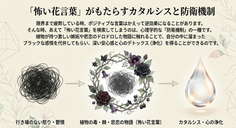 怖い花言葉の物語に触れることでブラックな感情を代弁し、心の浄化を得る心理的防衛機制の図解