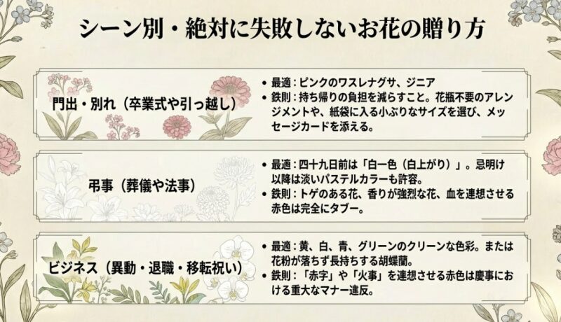 卒業式や引っ越し、弔事、ビジネスシーンにおけるお花の選び方とマナー