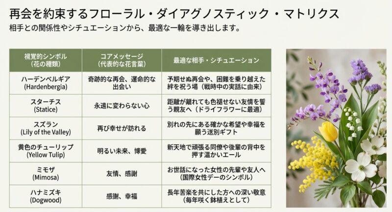 春の華やかなフラワーアレンジメントの写真と、ハーデンベルギアやスズランなど再会を意味する花言葉と最適な相手を示すマトリクス表