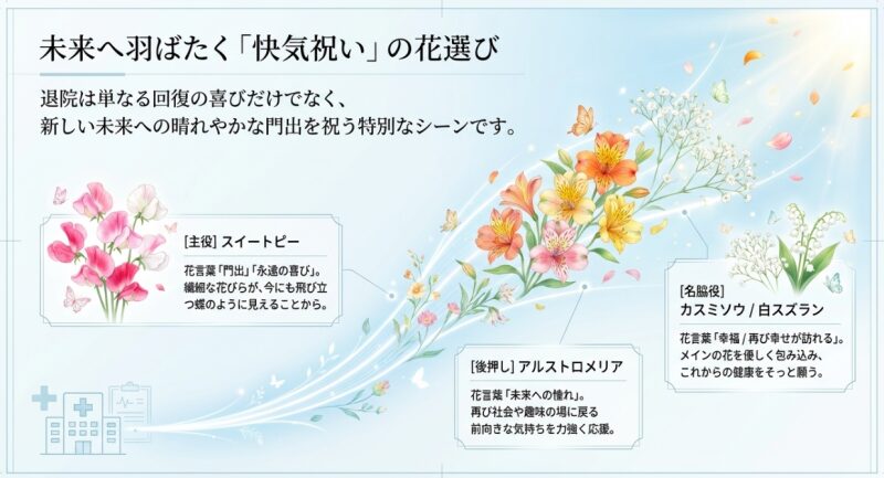 快気祝いの主役となるピンクのスイートピーのイラストと、アルストロメリアやカスミソウなど未来への希望を込めた花言葉の解説