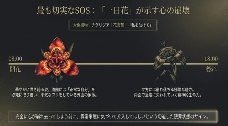 朝に開花し夕方に萎れるチグリジアの生態と、「私を助けて」という切迫した限界状態のサインを示すタイムライン解説