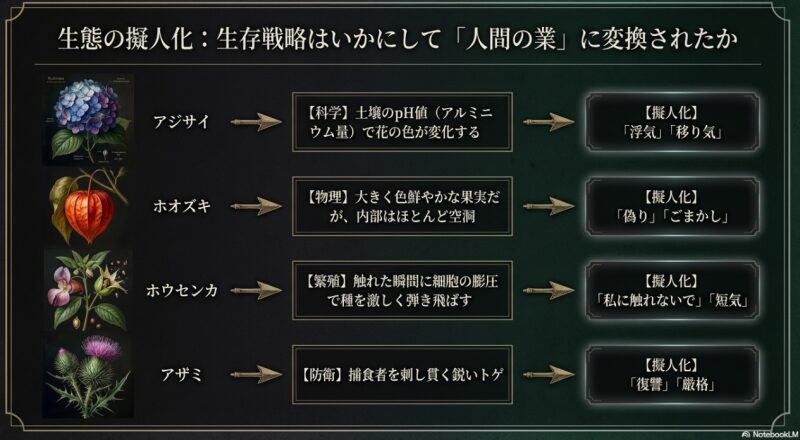 アジサイ、ホオズキ、ホウセンカ、アザミの科学的な生存戦略や物理的特徴が、どのように人間の感情として擬人化されたかを示す表