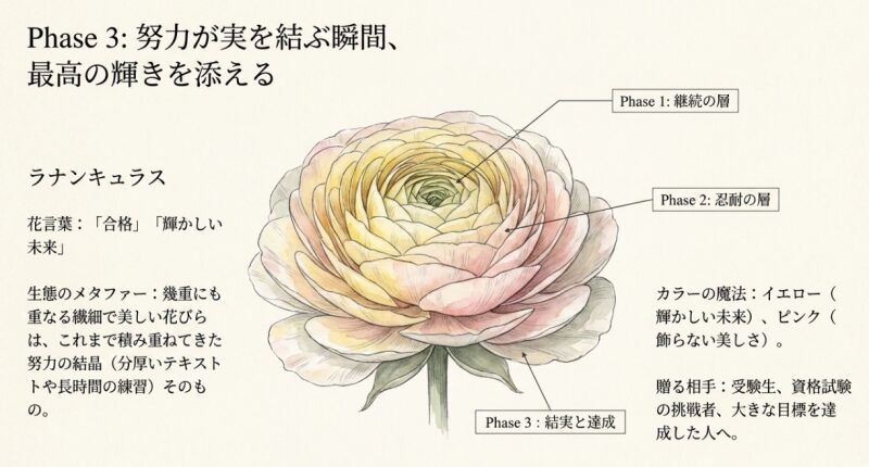 努力が実を結ぶ瞬間を象徴する、幾重にも重なる美しい花びらを持ったラナンキュラスのイラスト