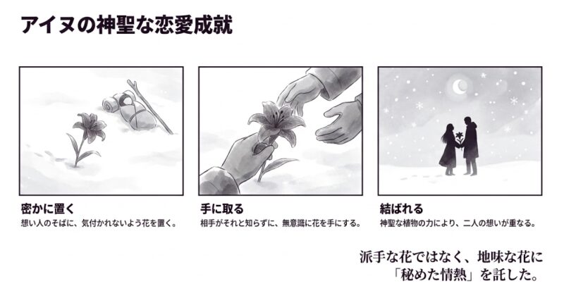 アイヌの神聖な恋愛成就の儀式。想い人のそばに密かに花を置き、相手が無意識に手に取ることで結ばれる様子を描いたイラスト。